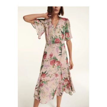 Rochie midi cu imprimeu floral, decolteu in V si maneci scurte, roz, dama, Reserved