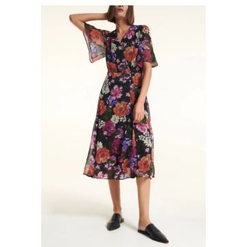 Rochie midi cu maneci fluture, imprimeu floral si decolteu petrecut, negru, dama, Reserved