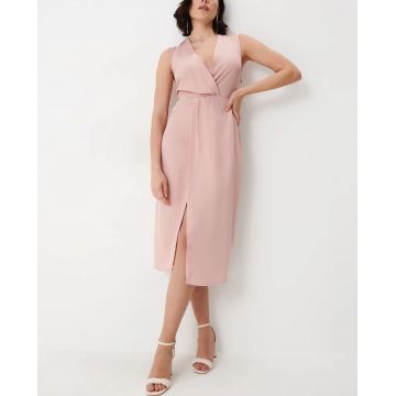 Rochie midi fara maneci, cu decolteu in V, roz, dama, Mohito