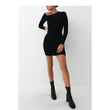 Rochie mini cu decolteu asimetric si cu maneca lunga, negru, dama, Mohito