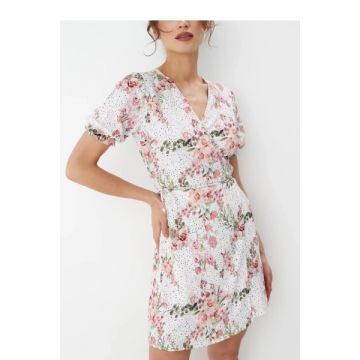 Rochie mini cu decolteu in V, imprimeu floral si maneca scurta, alb, dama, Mohito