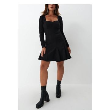 Rochie mini cu decolteu tip inima, maneca lunga si cu inchidere fermoar, negru, dama, Mohito