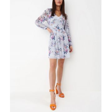 Rochie mini cu imprimeu floral, decolteu si maneca lunga. albastru, dama, Mohito