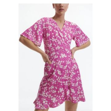 Rochie mini cu imprimeu floral, volane si maneci scurte, roz, dama, Reserved