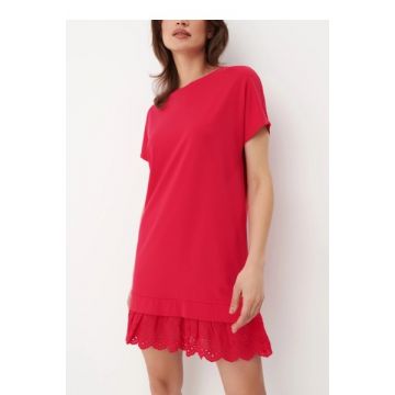 Rochie mini cu maneca scurta si cu volan din dantela, roz, dama, Mohito