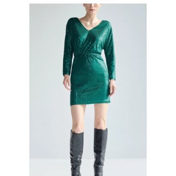 Rochie mini cu paiete, spatele gol si maneca lunga, verde, dama, Reserved