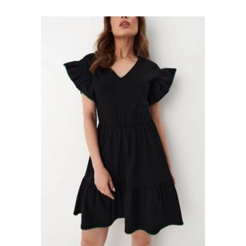 Rochie mini cu volan, maneca scurta si decolteu, negru, dama, Mohito