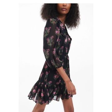 Rochie mini cu volan si imprimeu floral, negru, dama, Reserved