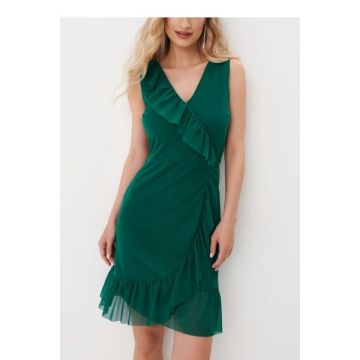 Rochie mini fara maneci, cu decolteu in V si volane, verde, dama, Mohito