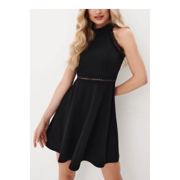 Rochie mini pe gat, cu aplicatii dantela, negru, dama, Mohito