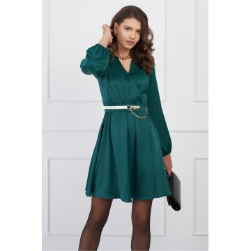 Rochie Sonia verde din satin cu elastic si curea in talie