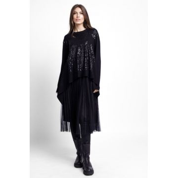 Rochie suprapusa din tulle plisat, cu pulover in colturi oversize cu paiete, neagra