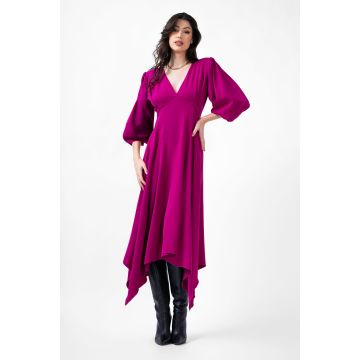 Rochie midi fuchsia cu clini si maneca midi