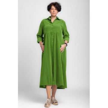 Rochie camasa verde oliv din catifea reiata, taiata in talie