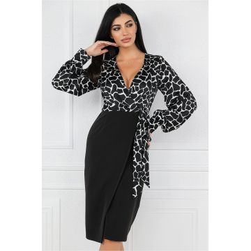 Rochie MBG neagra cu imprimeuri albe pe bust si funda in talie