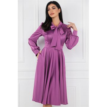 Rochie mov din satin cu pliuri pe bust si buzunare functionale