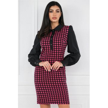 Rochie neagra cu imprimeu pepit fucsia si nasturi la bust