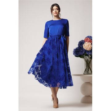 Rochie DY Fashion eleganta din satin si tull albastra cu insertii catifelate