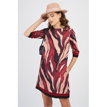 Rochie DY Fashion magenta cu imprimeu bej si buzunare