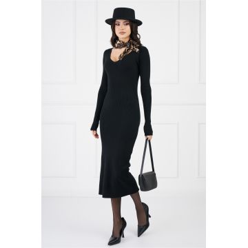 Rochie Izabela neagra din tricot cu decolteu in V