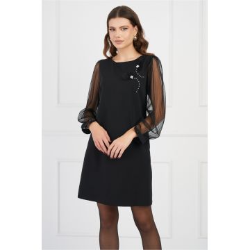 Rochie LaDonna neagra cu maneci din voal si aplicatii din perle