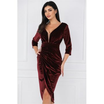 Rochie MBG burgundy din catifea cu insertii din fir lurex