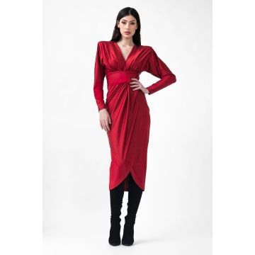 Red Midi Dress With Corset And V-Neck