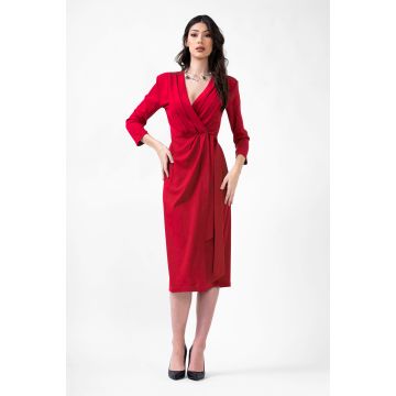 Red Midi Dress With Pleats And Belt