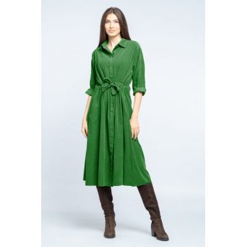 Rochie camasa din catifea reiata cu cordon in talie, verde crud