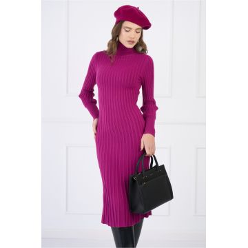 Rochie din tricot reiat magenta cu guler