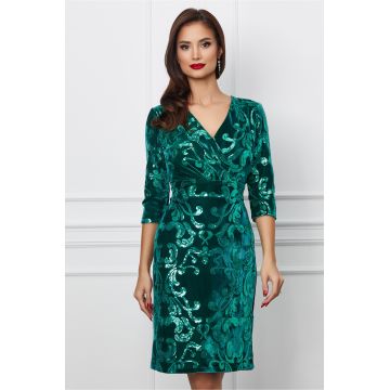 Rochie Elle Collection Eliza eleganta verde din catifea cu paiete