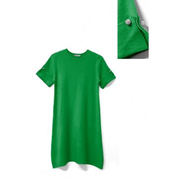 Rochie scurta A-line tricotata, cu maneca scurta si nasture decorativ, verde