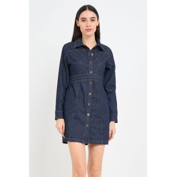 Rochie dama din denim cu maneca lunga si logo - Albastru