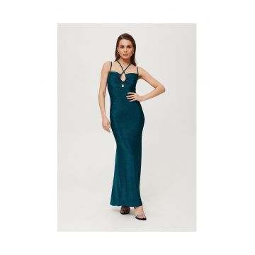 Rochie dama - maxi metalica cu cravata la decolteu - Poliester - Albastru