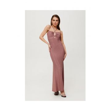 Rochie dama - maxi metalica cu cravata la decolteu - Poliester - Rosu