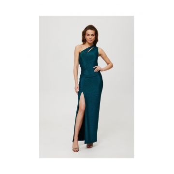 Rochie dama - maxi metalica cu cravata la decolteu - Poliester - Verde