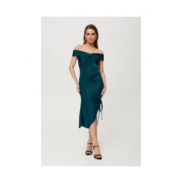 Rochie dama - maxi metalica cu pernute si pliuri - Poliester - Verde