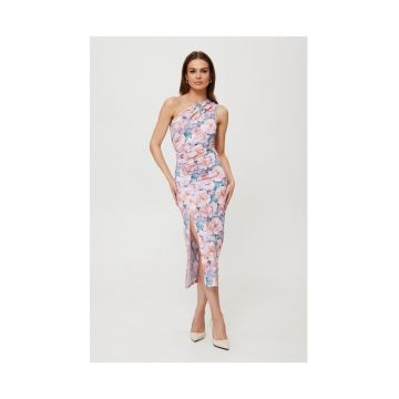 Rochie dama - midi cu imprimeu si decolteu in forma de lacrima - Poliester - Rosu