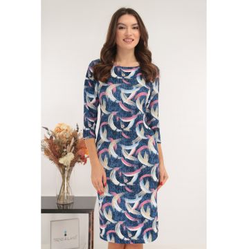 Rochie dreapta albastra cu model abstract galben-roz