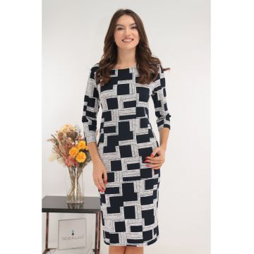 Rochie dreapta bleumarin cu model geometric gri