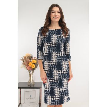 Rochie dreapta bleumarin cu print geometric alb