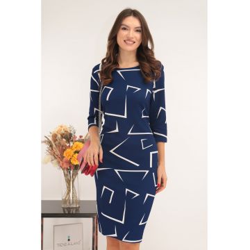 Rochie dreapta indigo cu model abstract alb