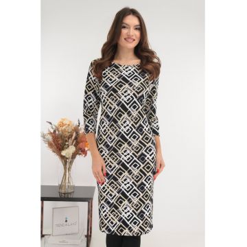 Rochie dreapta neagra cu print geometric bej-alb