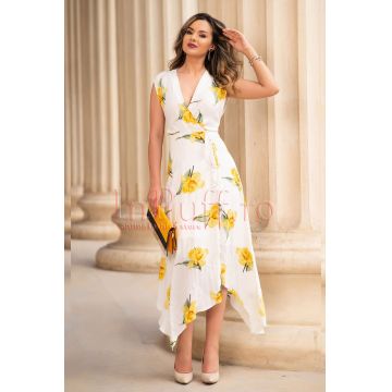 Rochie eleganta de vara alba cu imprimeu floral galben