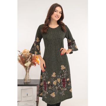 Rochie evazata olive cu bordura florala