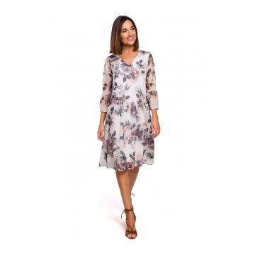 Rochie florala - Poliester - Alb/Gri