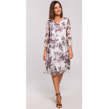 Rochie florala - Poliester - Alb/Gri