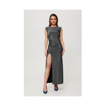 Rochie maxi metalica cu perne si pliuri - argintie - 56497