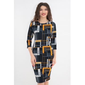 Rochie bleumarin cu print geometric mustar-alb