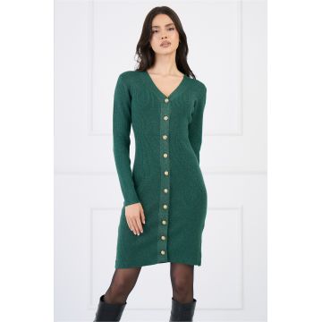 Rochie casual din tricot reiat verde cu insertii din fir lurex si nasturi